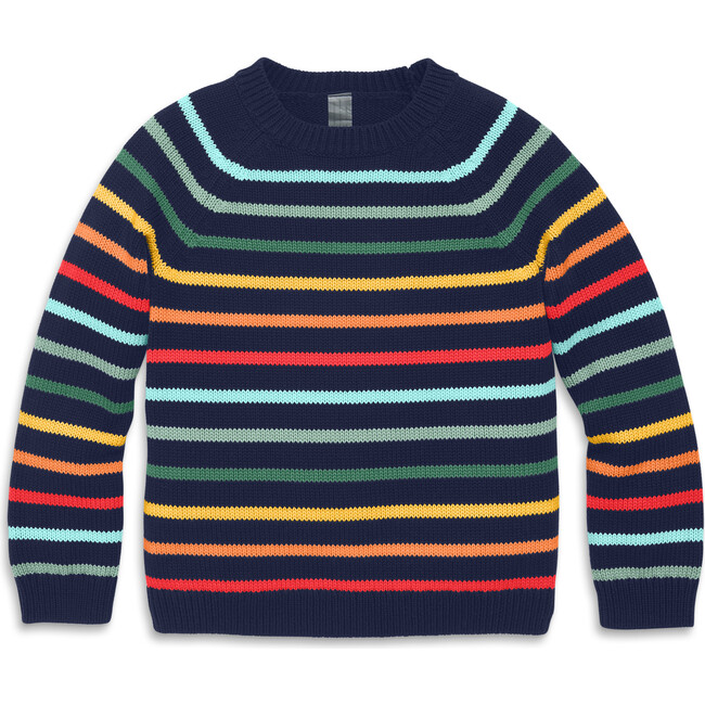 Crewneck Sweater In Rainbow Stripe, Fall Navy Rainbow Stripe