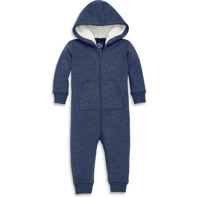 Baby Teddy Fleece-Lined Zip Romper, Heather Navy