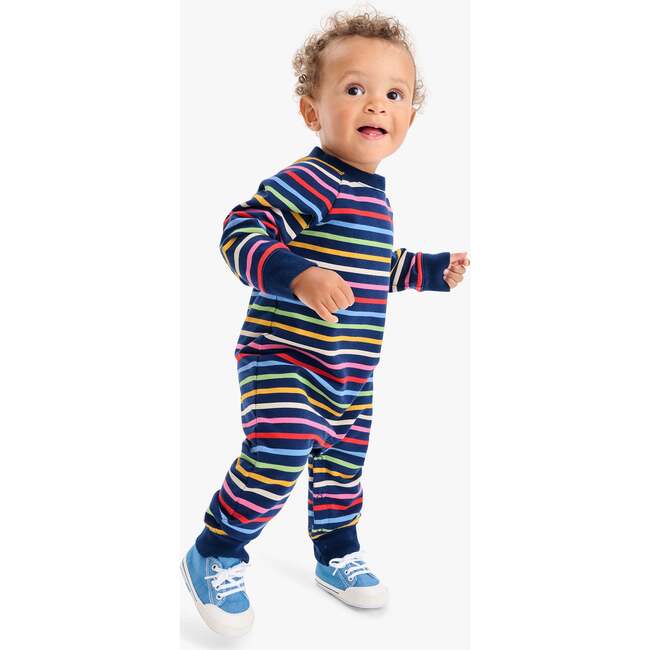 Baby Sweatshirt Romper In Rainbow Stripe, Navy Rainbow Stripe - Rompers - 3