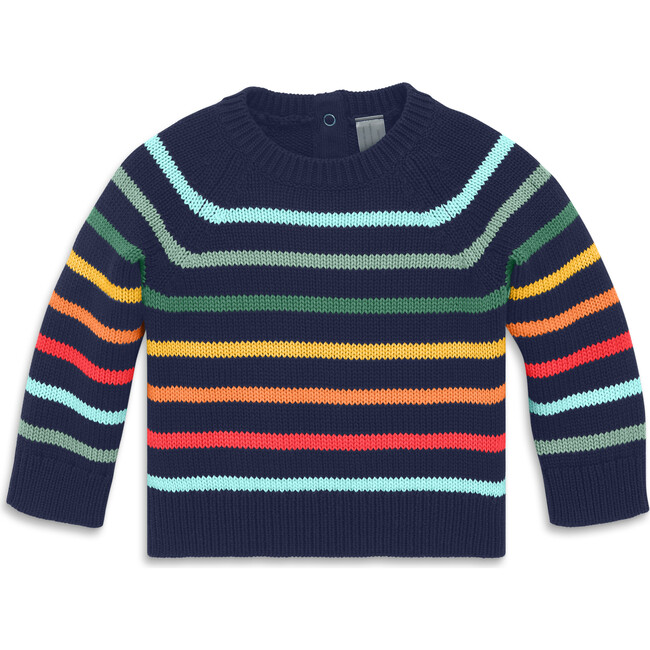 Baby Crewneck Sweater In Rainbow Stripe, Fall Navy Rainbow Stripe