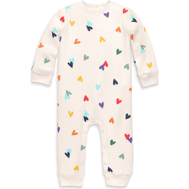 Baby Cozy Fleece Sweatshirt Romper In Rainbow Confetti Hearts, Oat Multi Confetti Hearts