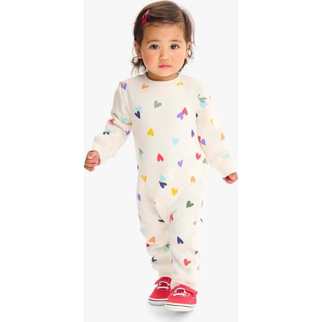 Baby Cozy Fleece Sweatshirt Romper In Rainbow Confetti Hearts, Oat Multi Confetti Hearts - Rompers - 2