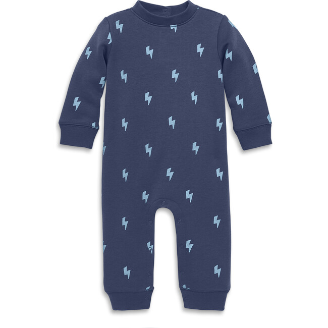 Baby Cozy Fleece Sweatshirt Romper In Mini Bolts, Sunwashed Navy Stream Bolts