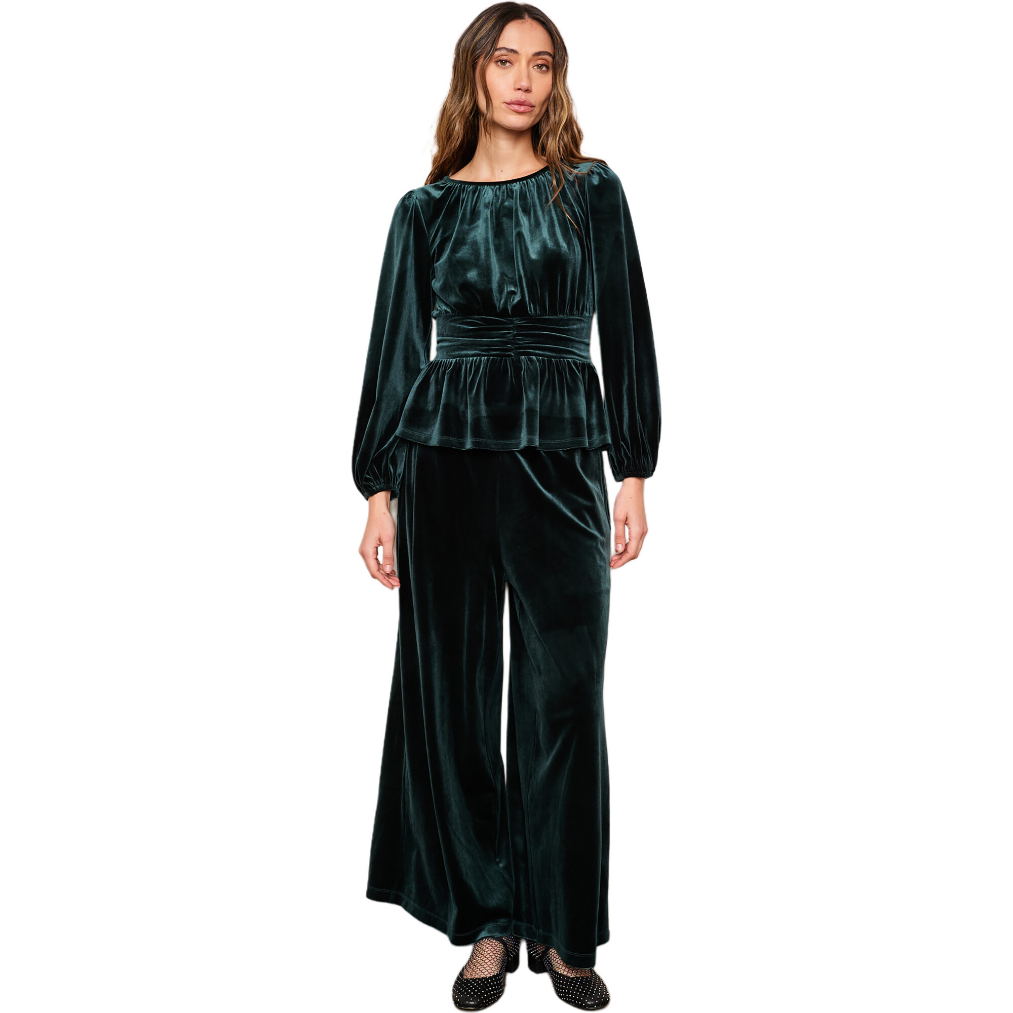 Women's Aria Velvet Peplum Top, Emerald - Blouses - 1
