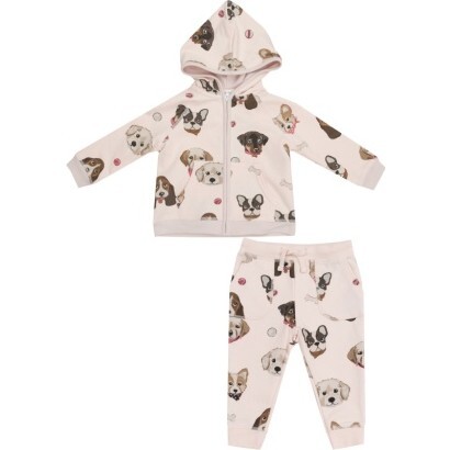 French Terry Pretty Puppy Faces Hoodie And Jogger, Pink