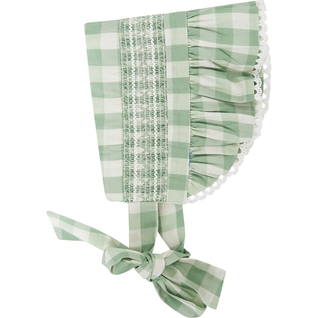 Babys Gingham Print Tie Bow Bonnet, Green - Hair Accessories - 1