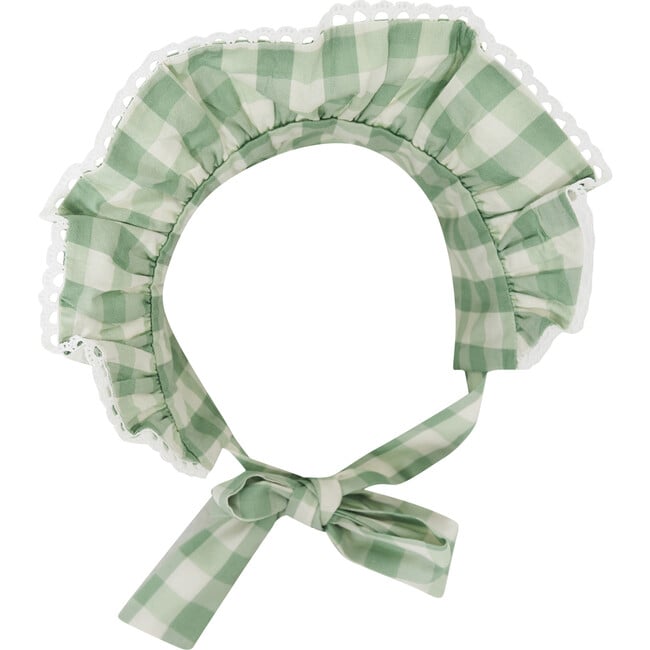 Babys Gingham Print Tie Bow Bonnet, Green - Hair Accessories - 2