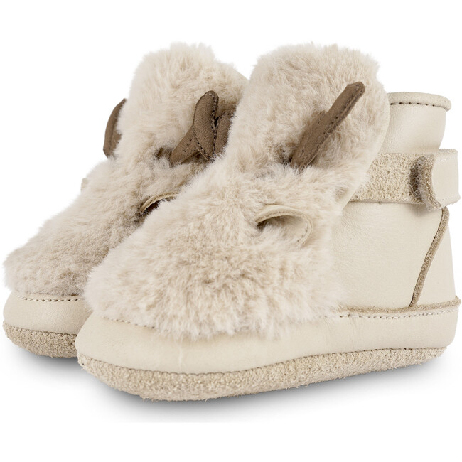 Richy Soft Faux Fur Reindeer Velcro Strap Booties, Light Beige