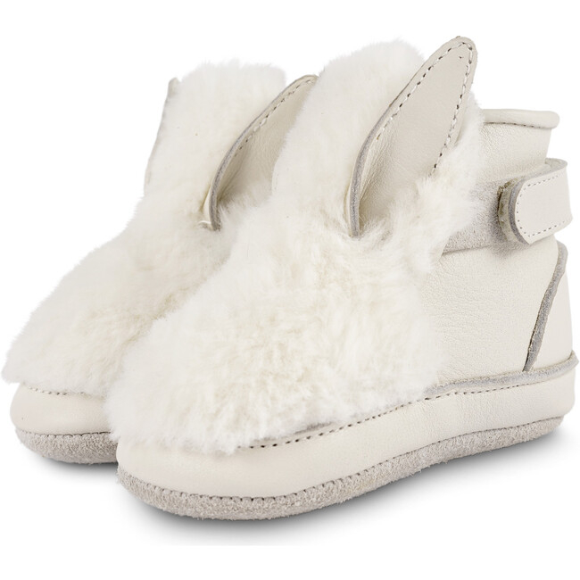 Richy Soft Faux Fur Snow Rabbit Velcro Strap Booties, Off-White