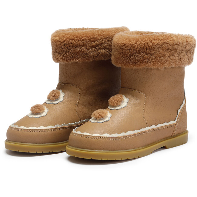 Pleun Leather Faux Fur Gingerbread Theme Slip-On Boots, Beige