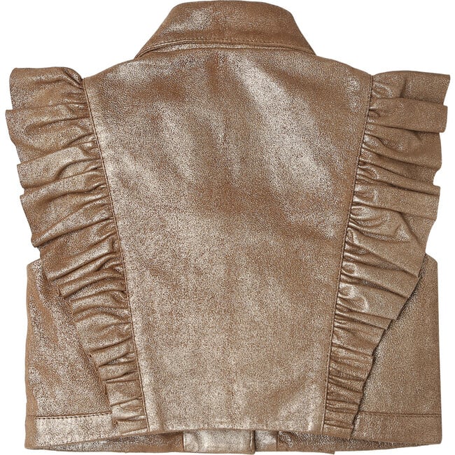 Piep Leather Oversized Ruffle Sleeve Snap Gilet, Rose Brown Metallic - Vests - 3