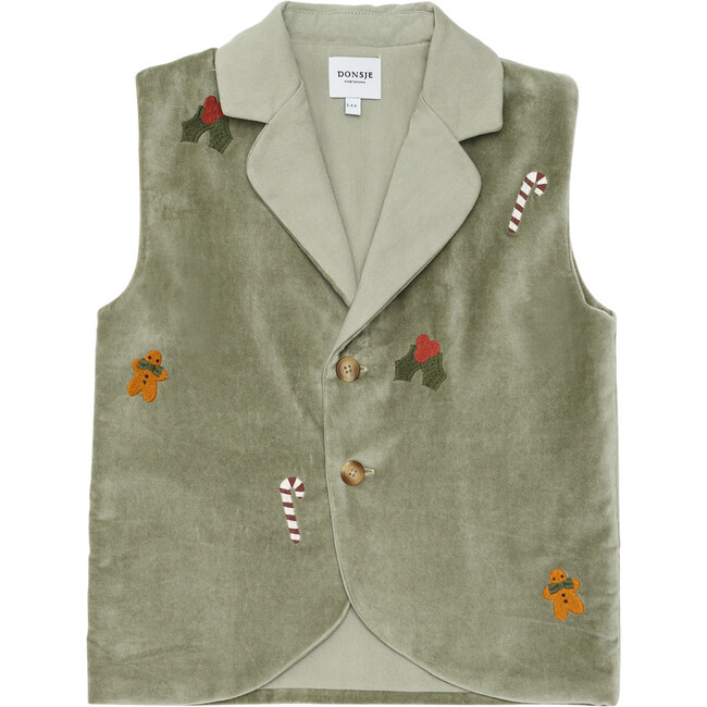 Mauck Velvet Embroidered Front Button Gilet, Dusty Green