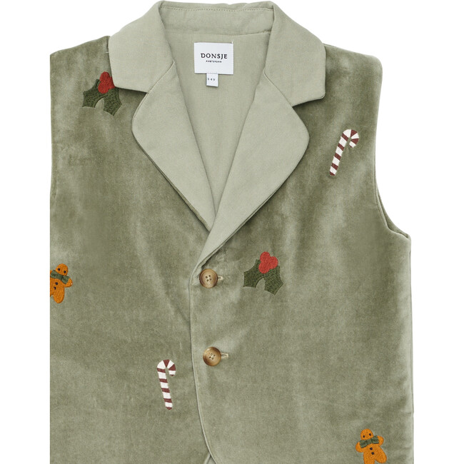 Mauck Velvet Embroidered Front Button Gilet, Dusty Green - Vests - 3