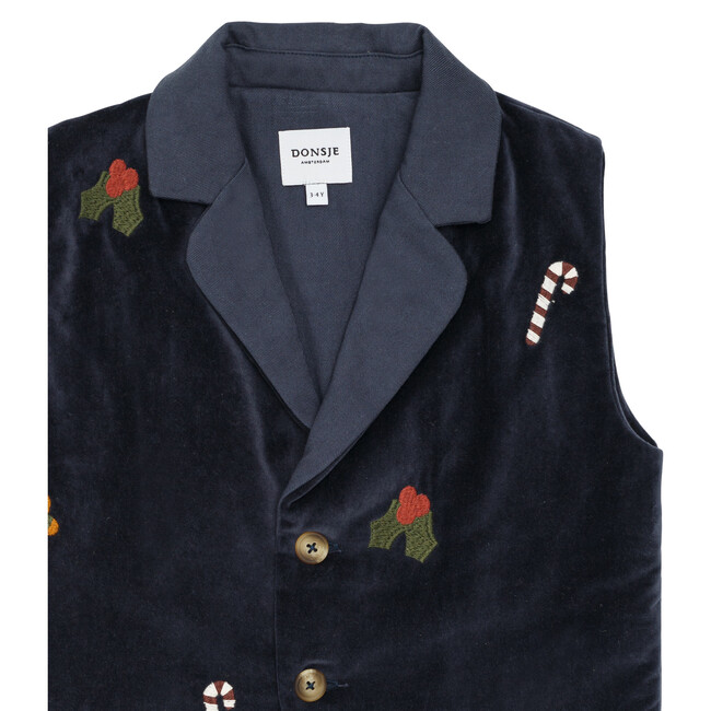 Mauck Velvet Embroidered Front Button Gilet, Blue Marine - Vests - 4