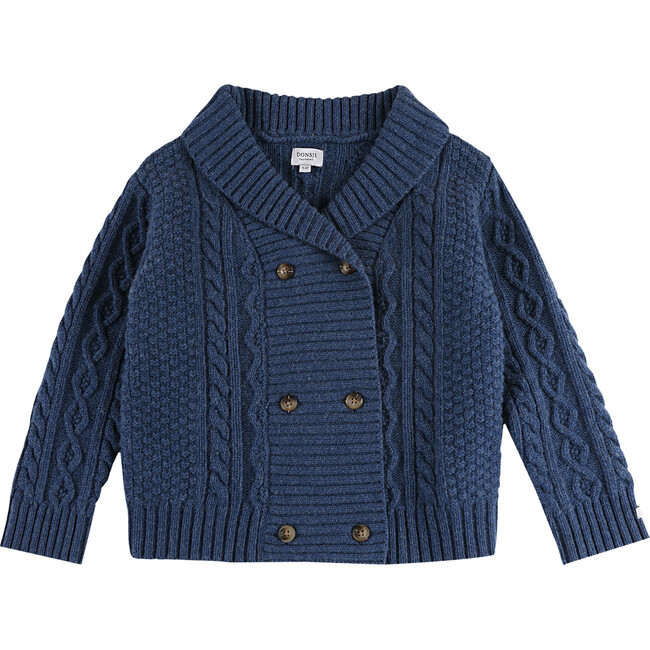 Jesper Cable Knit Double Breasted Front Button Cardigan, Royal Blue Melange