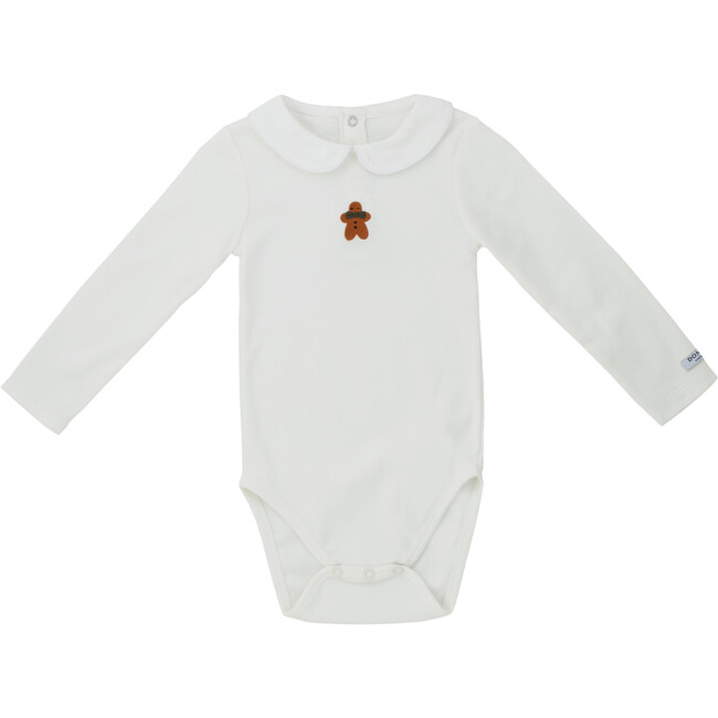 Kris Gingerbread Peter Pan Collar Long Sleeve Snap Bodysuit, Off-White