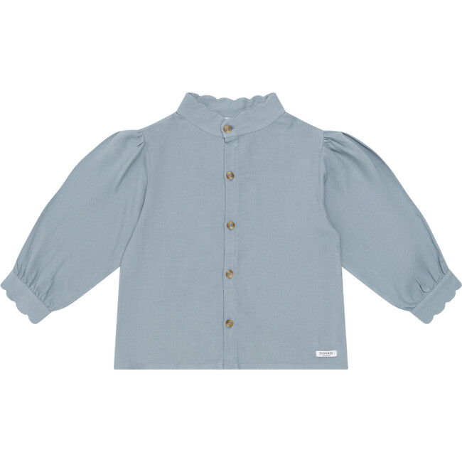 Flo Ruffle Neck Long Sleeve Front Button Blouse, Foggy Blue