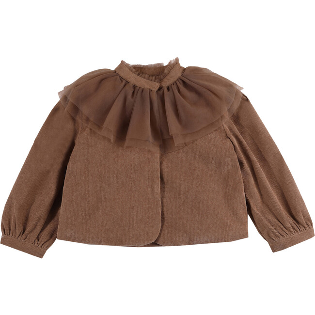 Dannae Tulle Collar Long Sleeve Front Button Jacket, Clay