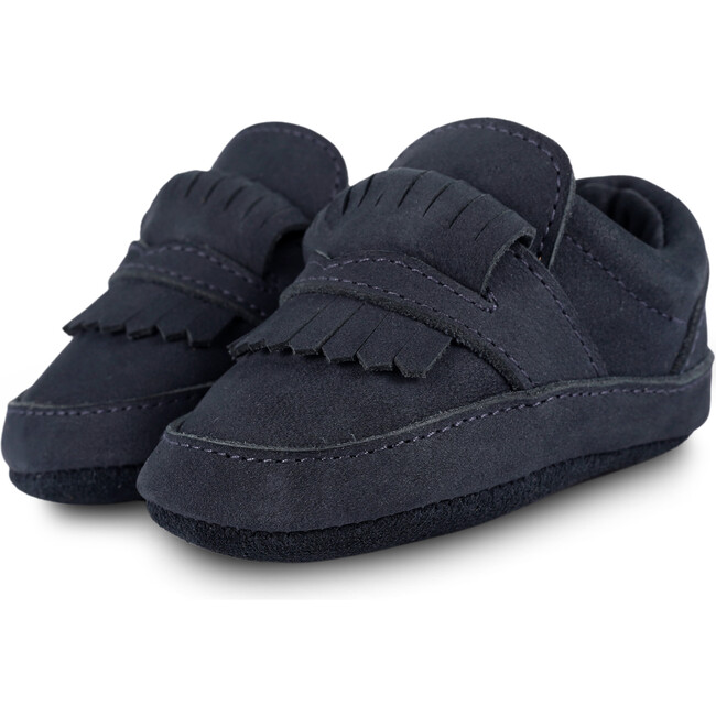 Jacx Nubuck Leather Fringe Detail Elastic Slip-On Shoes, Navy