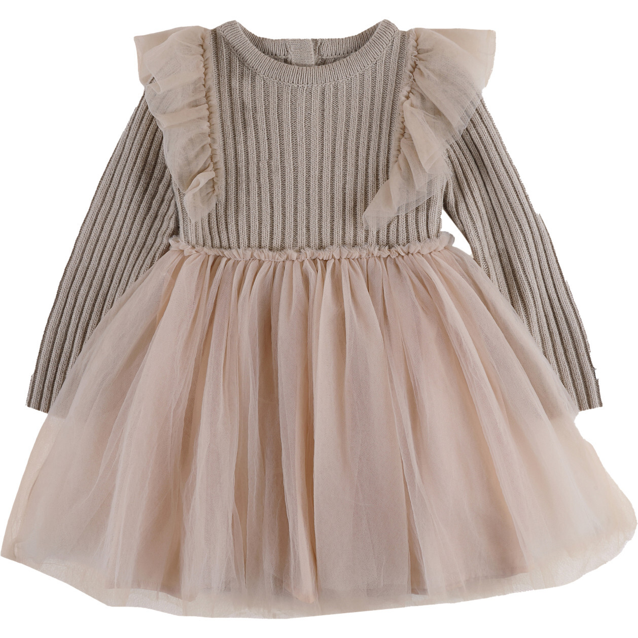 Bilie Tulle Ruffle Shoulder Long Sleeve Back Button Dress, Lavender Brown - Dresses - 1
