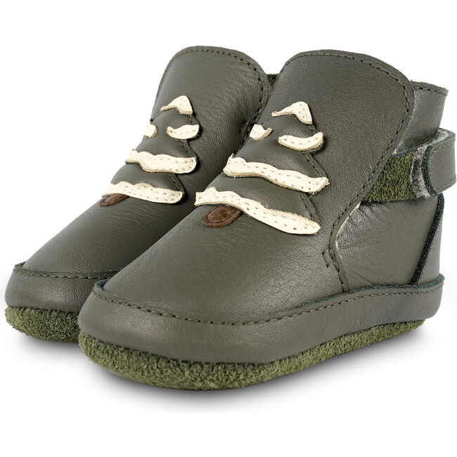 Aggas Leather Christmas Tree Velcro Strap Booties, Olive