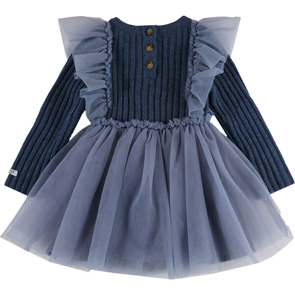 Bilie Tulle Ruffle Shoulder Long Sleeve Back Button Dress, Royal