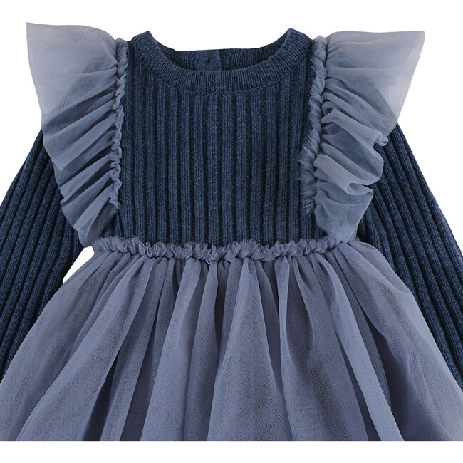 Bilie Tulle Ruffle Shoulder Long Sleeve Back Button Dress, Royal Blue Melange - Dresses - 4