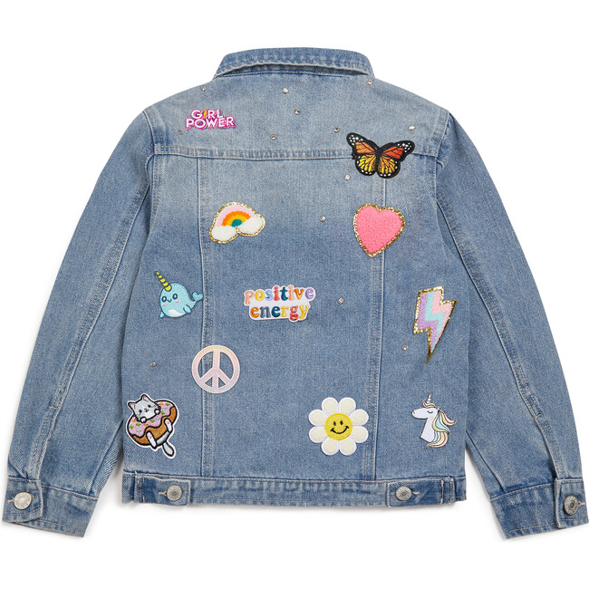 Jeweled Patched Denim Jacket, Light Blue