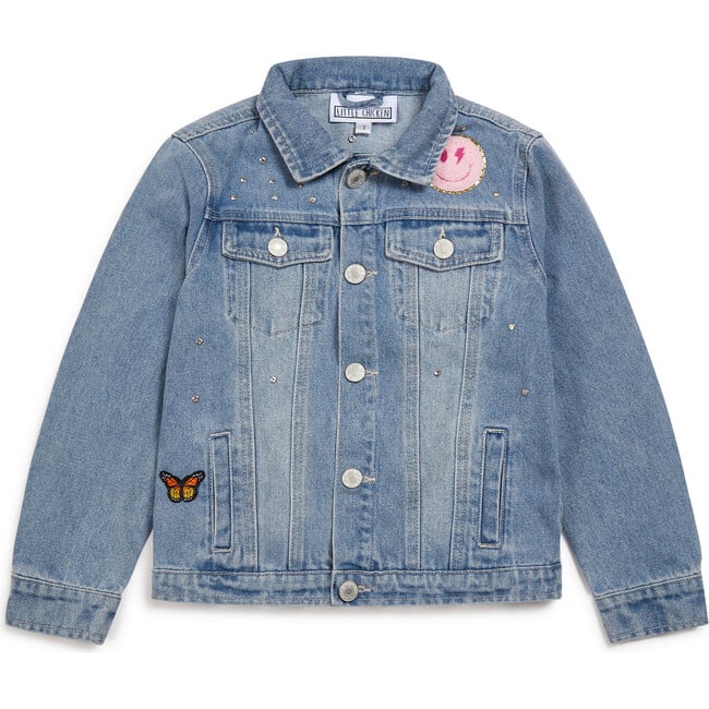 Jeweled Patched Denim Jacket, Light Blue - Jackets - 2