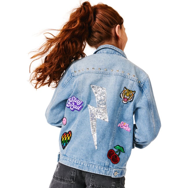 Studded Lightning Bolt Denim Jacket, Light Blue - Jackets - 3