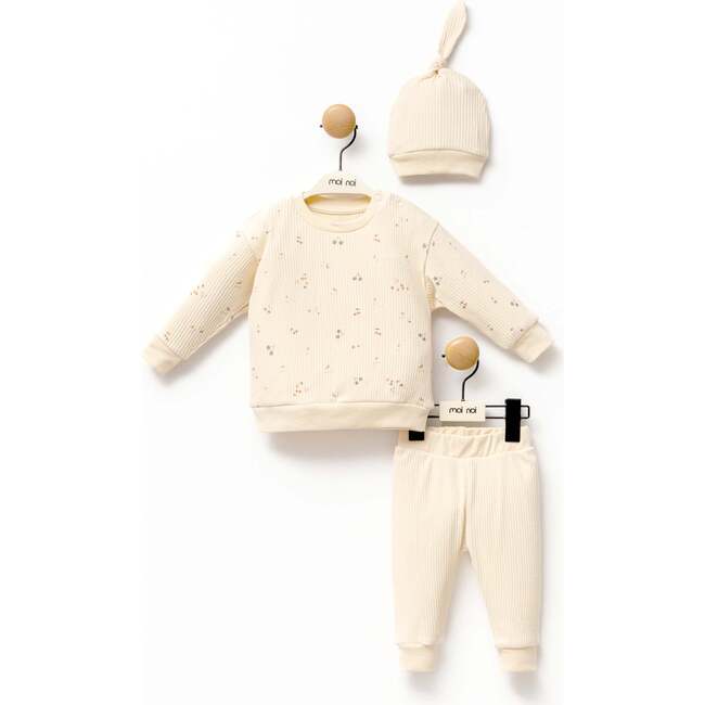 Leaf Print Outfit & Hat, Beige - Mixed Apparel Set - 3