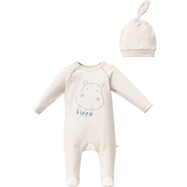 Hippo Graphic Babygrow & Hat, Cream