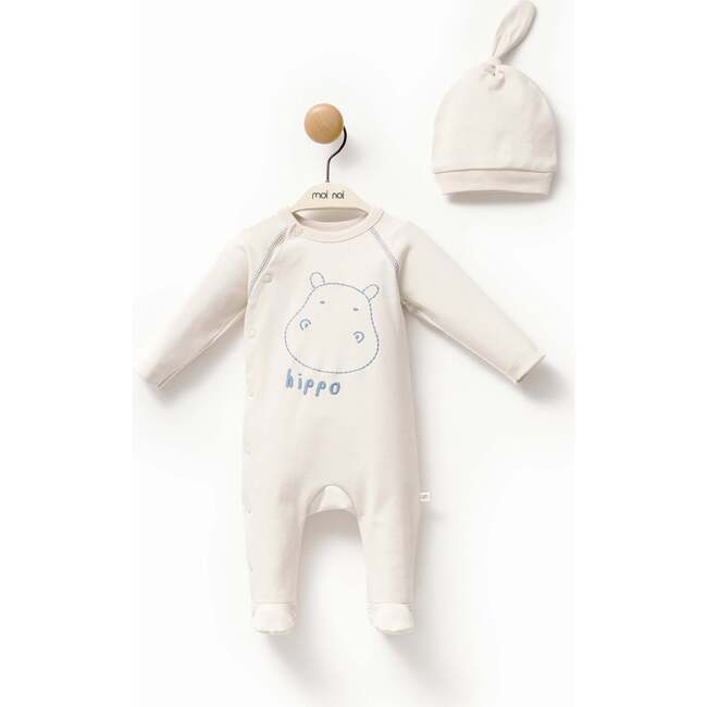 Hippo Graphic Babygrow & Hat, Cream - Footie Pajamas - 4