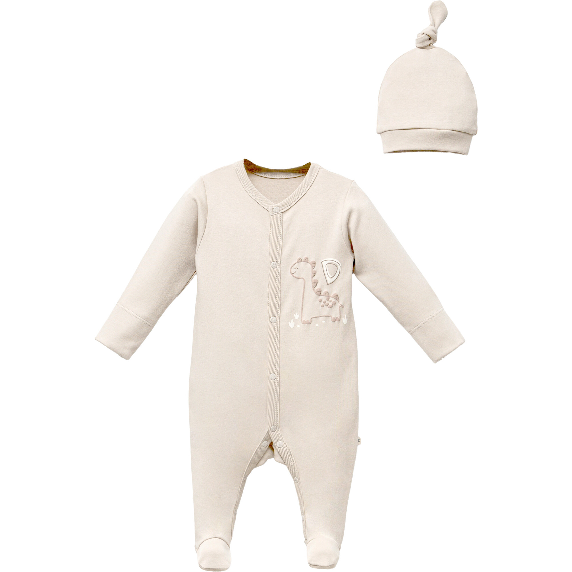 Dinosaur Patch Babygrow & Hat, Beige - Footie Pajamas - 1