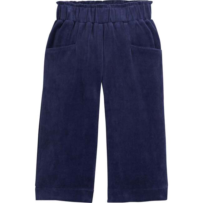 Palazzo Velour Elastic Waist Front Pocket Crop Pants, Navy