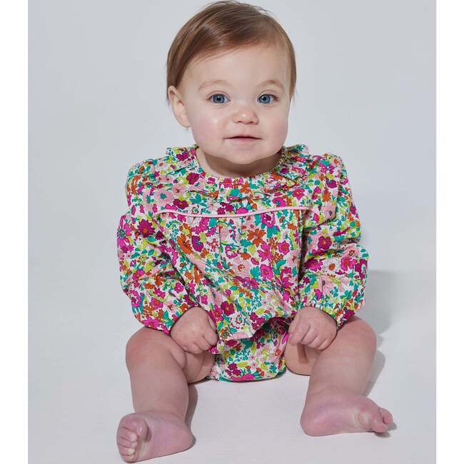 Caroline Ruffle Collar 3-Quarter Sleeve Bubble, Magenta Floral - Onesies - 2