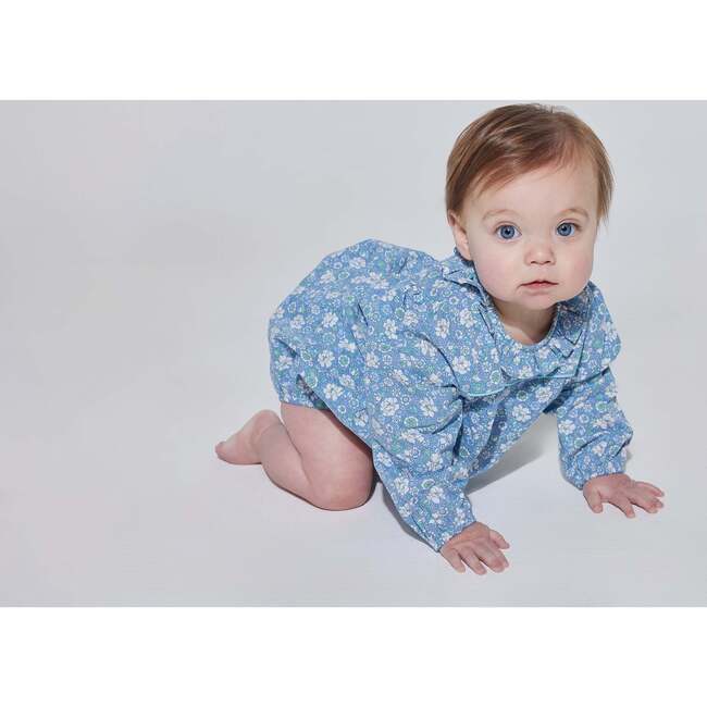 Caroline Ruffle Collar 3-Quarter Sleeve Bubble, Bedford Gardens Blue - Onesies - 3