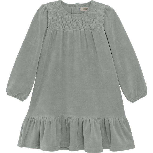 Velour Round Neck Long Puff Sleeve Smocked Dress, Quarry