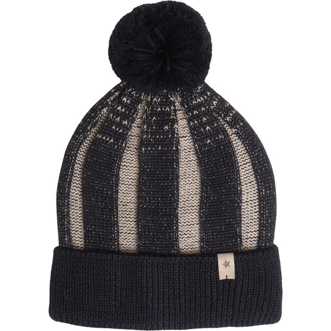 Toppy Merino Wool Contrast Striped Yarn Pom Pom Hat, Navy