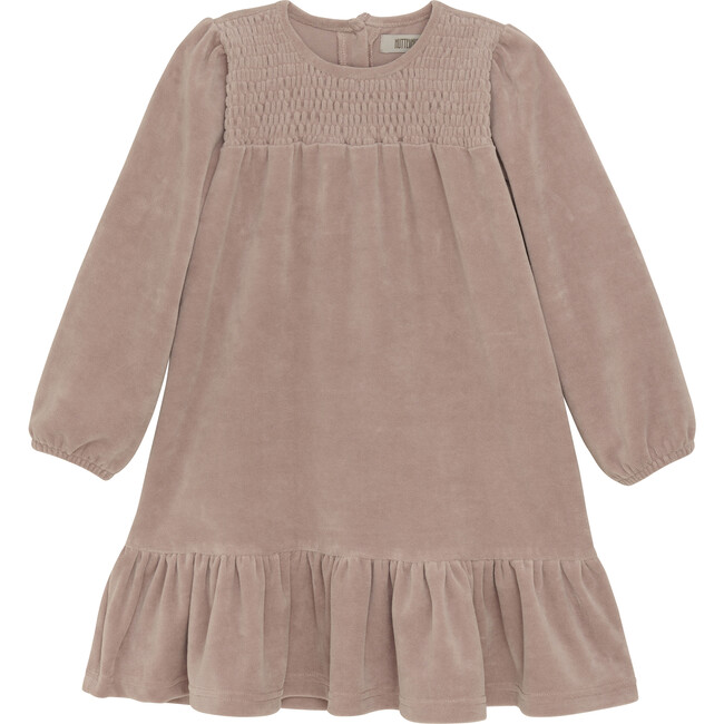 Velour Round Neck Long Puff Sleeve Smocked Dress, Fawn