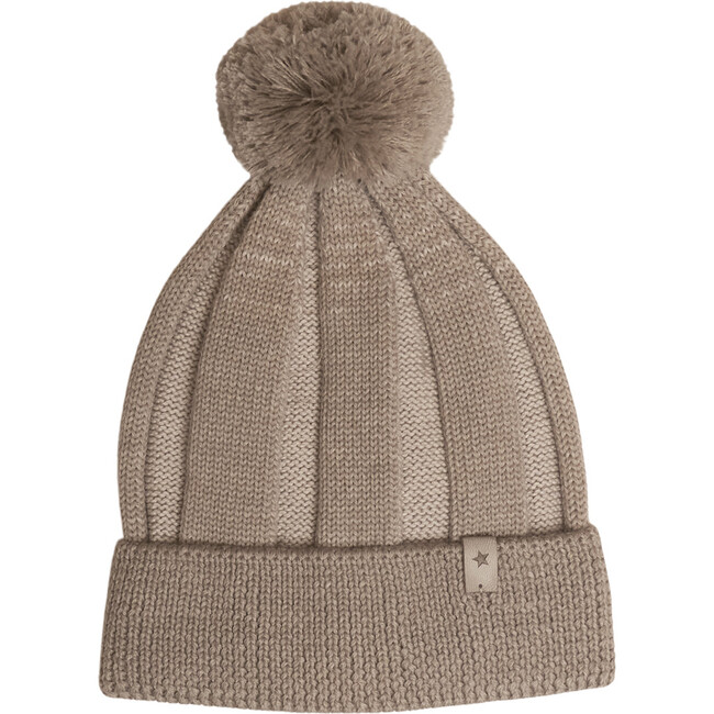 Toppy Merino Wool Contrast Striped Yarn Pom Pom Hat, Camel