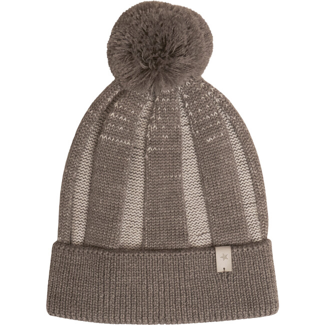 Toppy Merino Wool Contrast Striped Yarn Pom Pom Hat, Brown