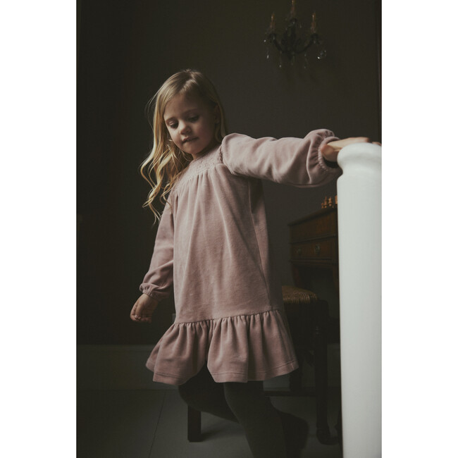 Velour Round Neck Long Puff Sleeve Smocked Dress, Quarry - Dresses - 2