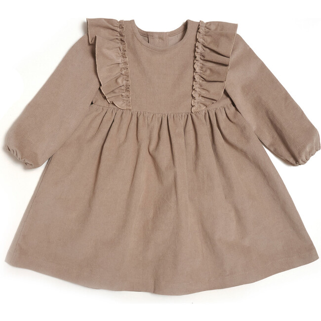 Sophia Corduroy Ruffle Detail Long Sleeve Back Buttons Dress, Camel