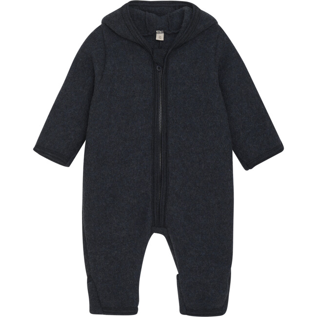 Merino Wool Fleece Ears Long Sleeve Zipper Hooded Pram Suit, Navy