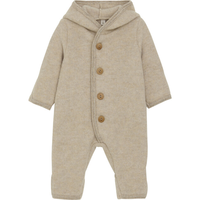 Merino Wool Fleece Long Sleeve Point Hooded Pixie Suit, Camel Melange