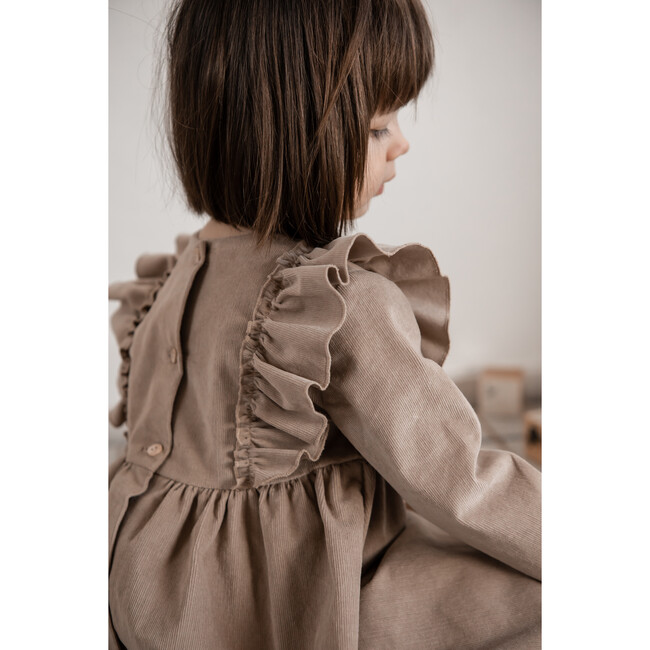 Sophia Corduroy Ruffle Detail Long Sleeve Back Buttons Dress, Rose - Dresses - 2