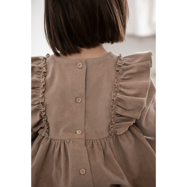 Sophia Corduroy Ruffle Detail Long Sleeve Back Buttons Dress, Camel - Dresses - 3