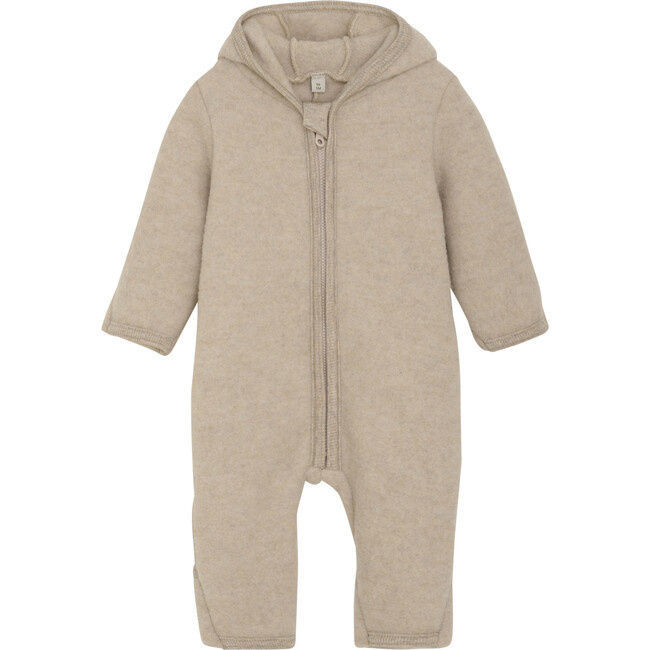 Merino Wool Fleece Ears Long Sleeve Zipper Hooded Pram Suit, Camel Melange