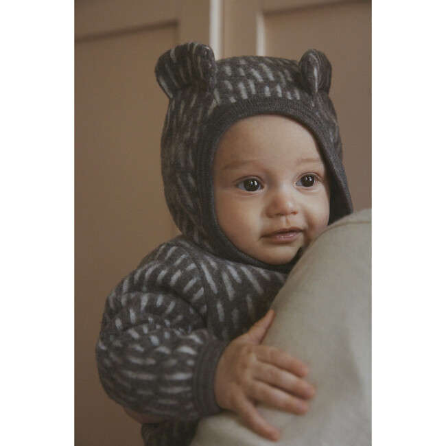 Merino Wool Fleece Ears Long Sleeve Zipper Hooded Pram Suit, Morel - Rompers - 2